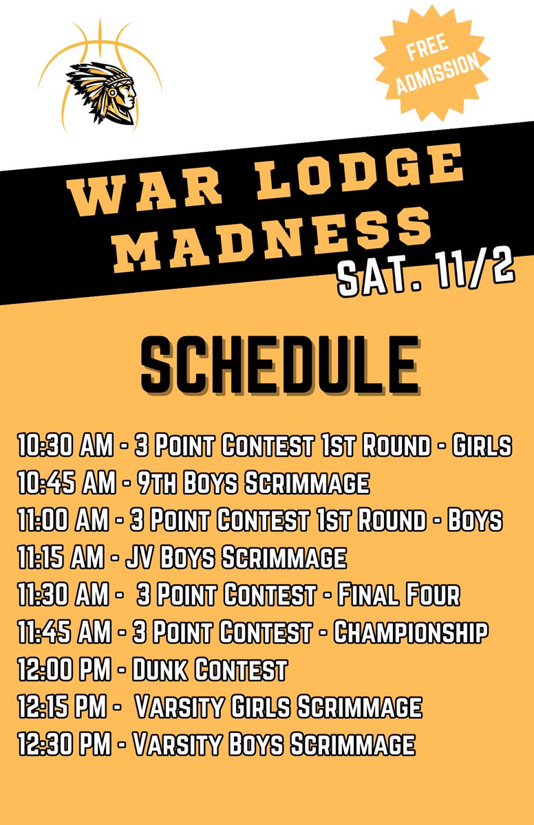 Join us this Saturday for a fun day in the War Lodge! Going to be a morning filled with fun and competition. Event is free to the public! Come support the Chiefs basketball program🏀🏀🏀