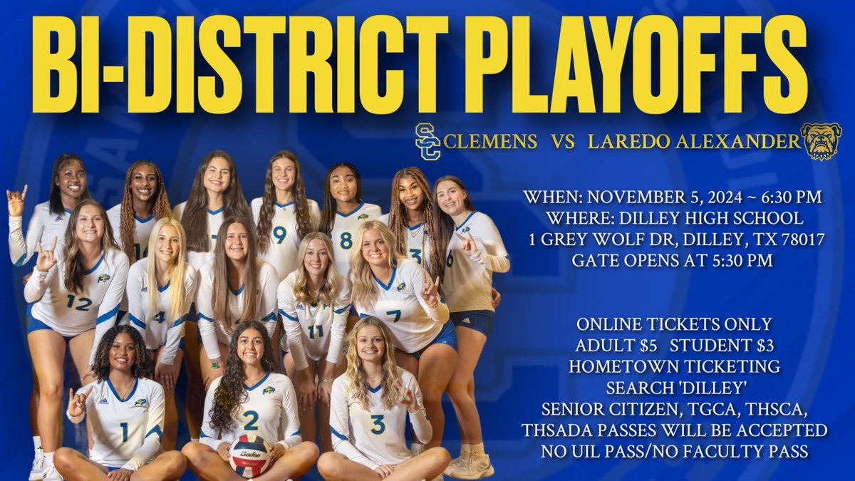Clemens Athletics (@scbuffalostrong) on Twitter photo Congratulations <a href="/samuelclemensvb/">Clemens Volleyball</a>! <a href="/SamuelClemensHS/">Clemens High School</a> <a href="/SCUCISD/">SchertzCiboloUC ISD</a> <a href="/ClemensASBC/">Samuel Clemens HS All Sports Booster Club</a>
Ticket link:
my.hometownticketing.com/agency/bd21132… Congratulations <a href="/samuelclemensvb/">Clemens Volleyball</a>! <a href="/SamuelClemensHS/">Clemens High School</a> <a href="/SCUCISD/">SchertzCiboloUC ISD</a> <a href="/ClemensASBC/">Samuel Clemens HS All Sports Booster Club</a>
Ticket link:
my.hometownticketing.com/agency/bd21132…