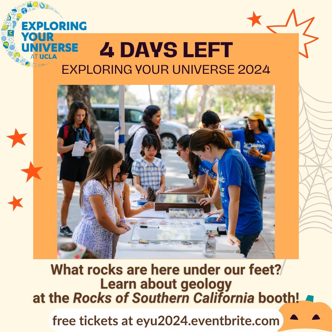 EYU_UCLA's tweet photo. 🌍 4 Days Left! Get ready to dive into the wonders of geology at Exploring Your Universe 2024 🌌

🔍 Ever wondered what rocks are and how they form beneath our feet? Discover the fascinating Rocks of Southern California! 🌟

#ucla  #eyu2024 
@UCLA @UCLACollege @UCLAEPSS https://t.co/mxXF91Rnoa