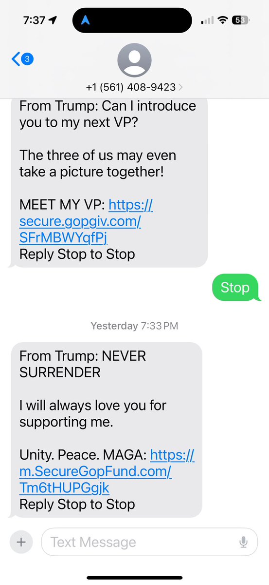 MereClements's tweet photo. The sheer shame of the #MAGA campaign texts and their gaslighting of not stopping when I say stop #nomeansno #metoo #magatexts #trumptexts https://t.co/8DO2LzyIpy