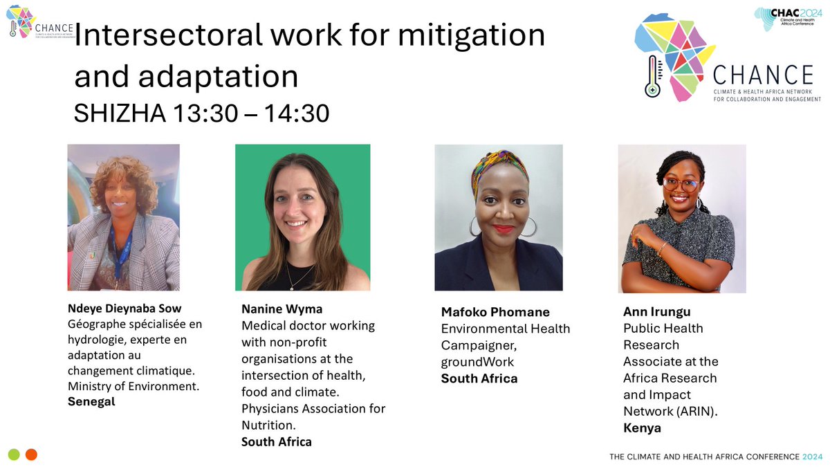 Join the #CHANCEnetwork session on intersectoral work for mitigation and adaptation at #CHAC2024!
- Intersections of health &amp; environment
- Food-based dietary guidelines 
- Climate justice for Africa
- Opportunities for enhancing transdisciplinary research and action