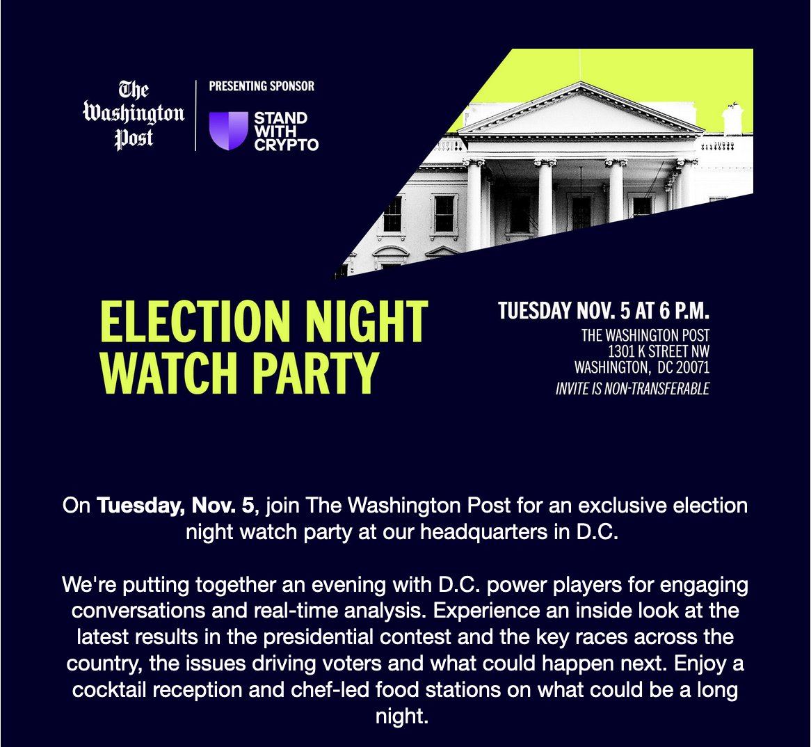 "Well, our reputation's taken a hit here at the Washington Post. How are we going to regain our credibility?"
"I know, let's hold an election-night watch party with a top political action committee for the crypto industry!"
"Wait that's a bad idea—"