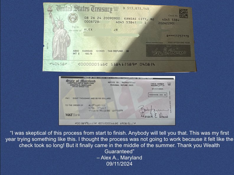 NoTaxPro's tweet photo. "I was skeptical of this process from start to finish. Anybody will tell you that. This was my first year trying something like this. I thought the process was not going to work because it felt like the check took so long! But it finally came in the middle of the summer. Thank you Wealth Guaranteed”

- Alex A., Maryland
09/11/2024