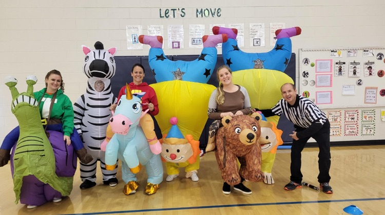 PtPleasantAACPS's tweet photo. Our top 3 teachers for the bi-weekly attendance incentive competed in a relay race wearing inflatable costumes against Ms. Lively, Ms. Smith, and Ms. Chitwood today! The teachers emerged victorious! We love celebrating student attendance! @AACountySchool #BelongGrowSucceed https://t.co/dHnid331Am