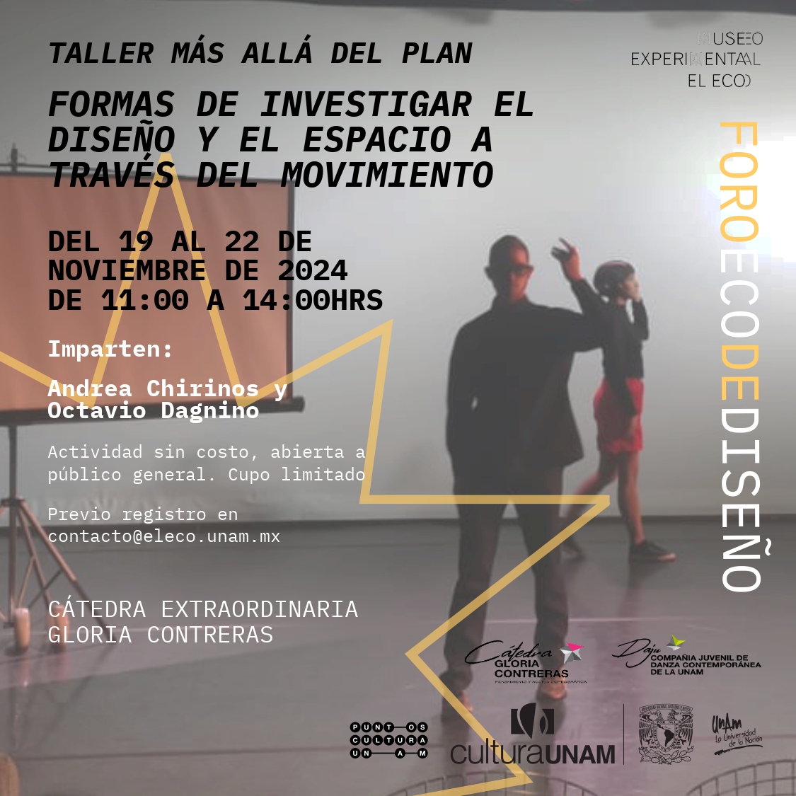 Te invitamos a asistir a este taller gratuito, dirigido a personas interesadas en las artes de la danza y el diseño. No se requiere de una experiencia previa. Envía un correo electrónico a "contacto@eleco.unam.mx" con tu nombre completo y adjunta una carta de motivos.