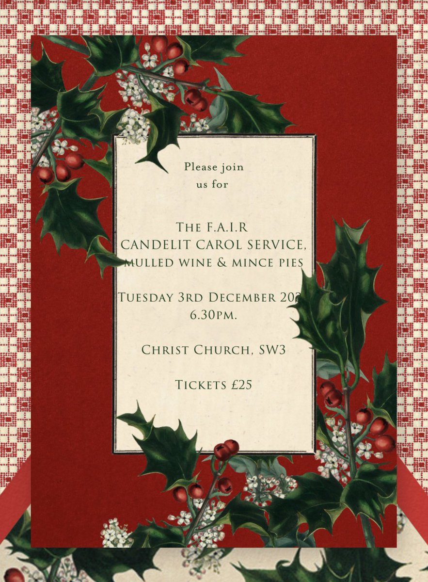 FAIR (@faircharityuk) on Twitter photo Please join us for our candlelit carol service at Christ Church, Chelsea on Tuesday 3rd December 2024.
Tickets: £25
For tickets please contact faircharityuk@gmail.com Please join us for our candlelit carol service at Christ Church, Chelsea on Tuesday 3rd December 2024.
Tickets: £25
For tickets please contact faircharityuk@gmail.com