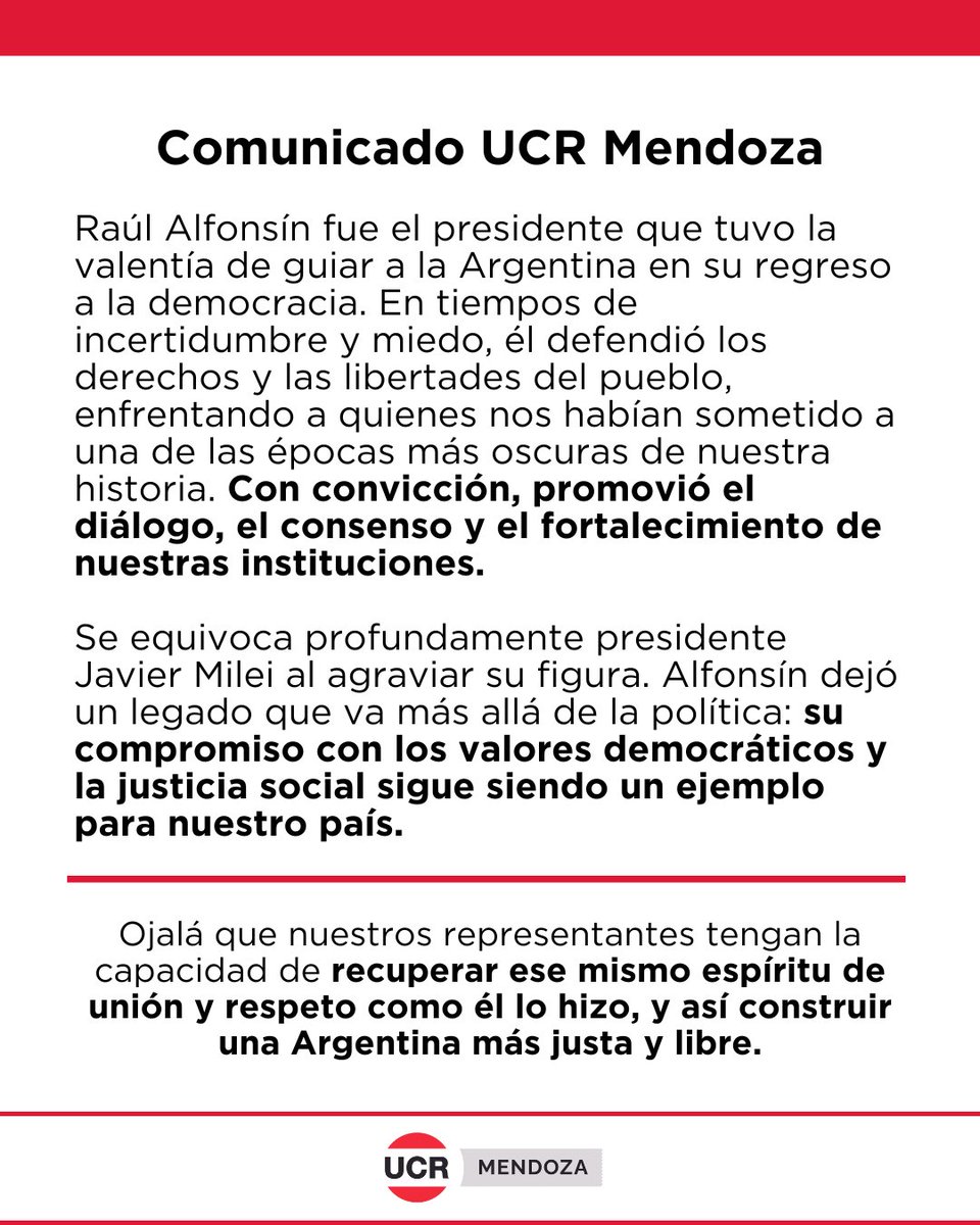 ucrmendoza's tweet photo. Comunicado UCR Mendoza🇵🇱

Alfonsín es sinónimo de valentía y democracia, enfrentando a quienes nos sumieron en los años más oscuros. Que nuestros líderes recuperen ese espíritu de diálogo y fortaleza institución. https://t.co/ptP87SbBxG