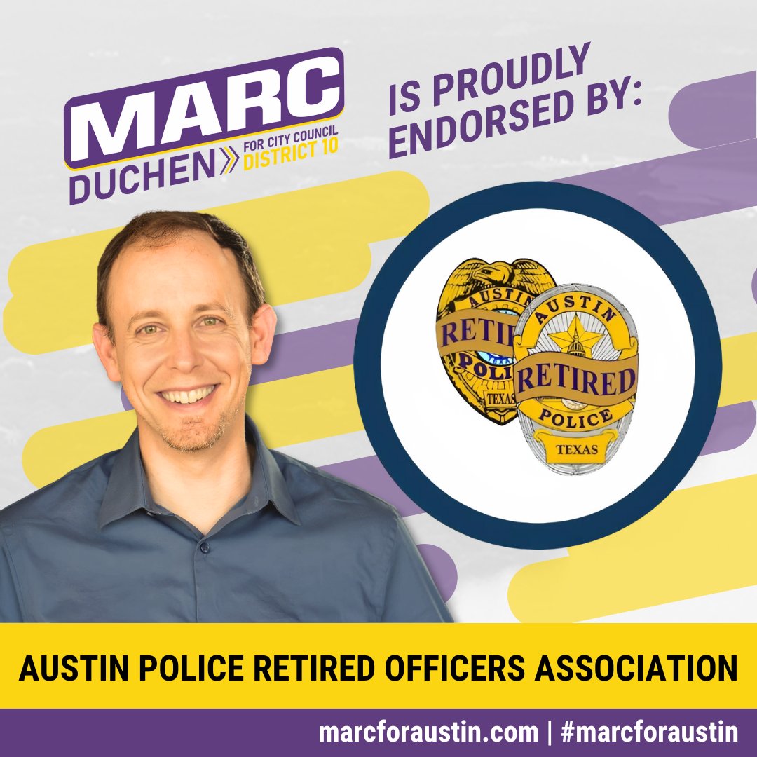 Public safety is my top priority for #austin's #District10. That's why I'm SO proud to add this endorsement by <a href="/APROA01/">Austin Police Retired Officers Association</a> to endorsements by the #austinpoliceassociation and #austinfirefightersassociation!

<a href="/ATXPOA/">Austin Police Association</a> <a href="/AFA975/">Austin Firefighters Association</a> #austin #atxcouncil #D10 #experiencematters #marcforaustin