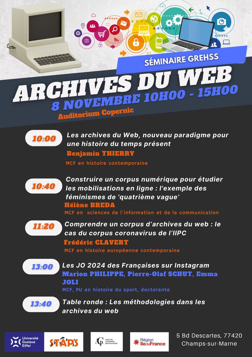 Marion 🏹 (@marion_phlpp) on Twitter photo Après les Carrefours d’Histoire du sport cette semaine, je suis heureuse de vous annoncer la réalisation d’un séminaire du <a href="/GREHSS_UGE/">GREHSS UGustaveEiffel</a> sur les archives du web ✨
Avec <a href="/BGThierry/">Benjamin G. Thierry</a>, <a href="/helene_breda/">Dr Hélène Breda</a>, Frederic Clavert !
📩 Infos en MP Après les Carrefours d’Histoire du sport cette semaine, je suis heureuse de vous annoncer la réalisation d’un séminaire du <a href="/GREHSS_UGE/">GREHSS UGustaveEiffel</a> sur les archives du web ✨
Avec <a href="/BGThierry/">Benjamin G. Thierry</a>, <a href="/helene_breda/">Dr Hélène Breda</a>, Frederic Clavert !
📩 Infos en MP