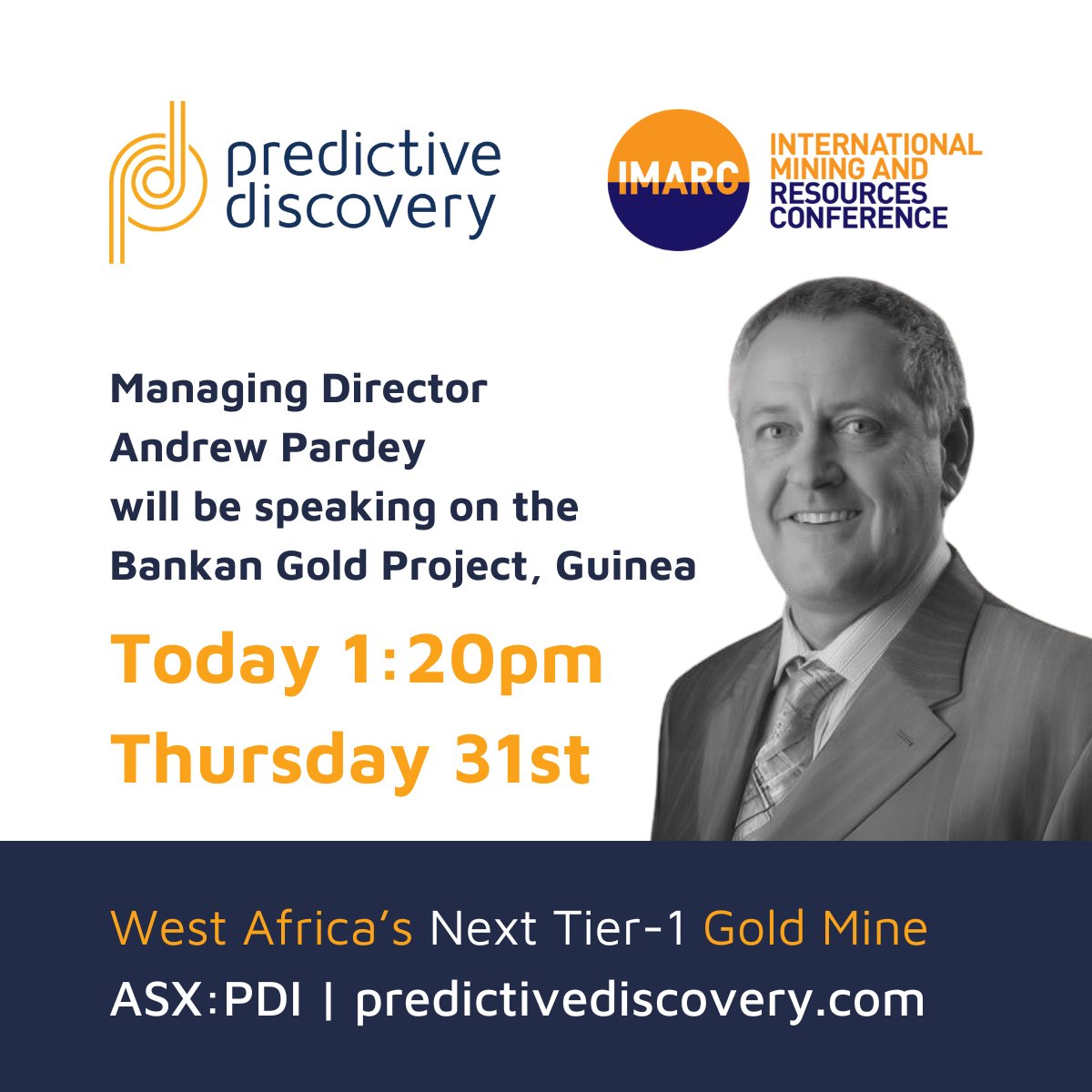 PDI_Gold's tweet photo. Let $PDI Managing Director Andrew Pardey explain why the Bankan Gold Project stands as the largest #gold #discovery in #WestAfrica in the last decade.
Presentation at IMARC today - 1:20pm.
#PDI #goldstocks #asx #asxresources #mining #preciousmetals #miningnews #Guinea $PDI.ax https://t.co/R9gvVZRE6I