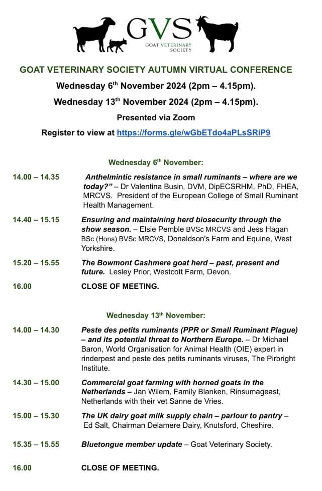 Registration is now open for the GVS Autumn Virtual Conference 2024 - sign up by visiting goatvetsoc.co.uk/news/goat-vete…
