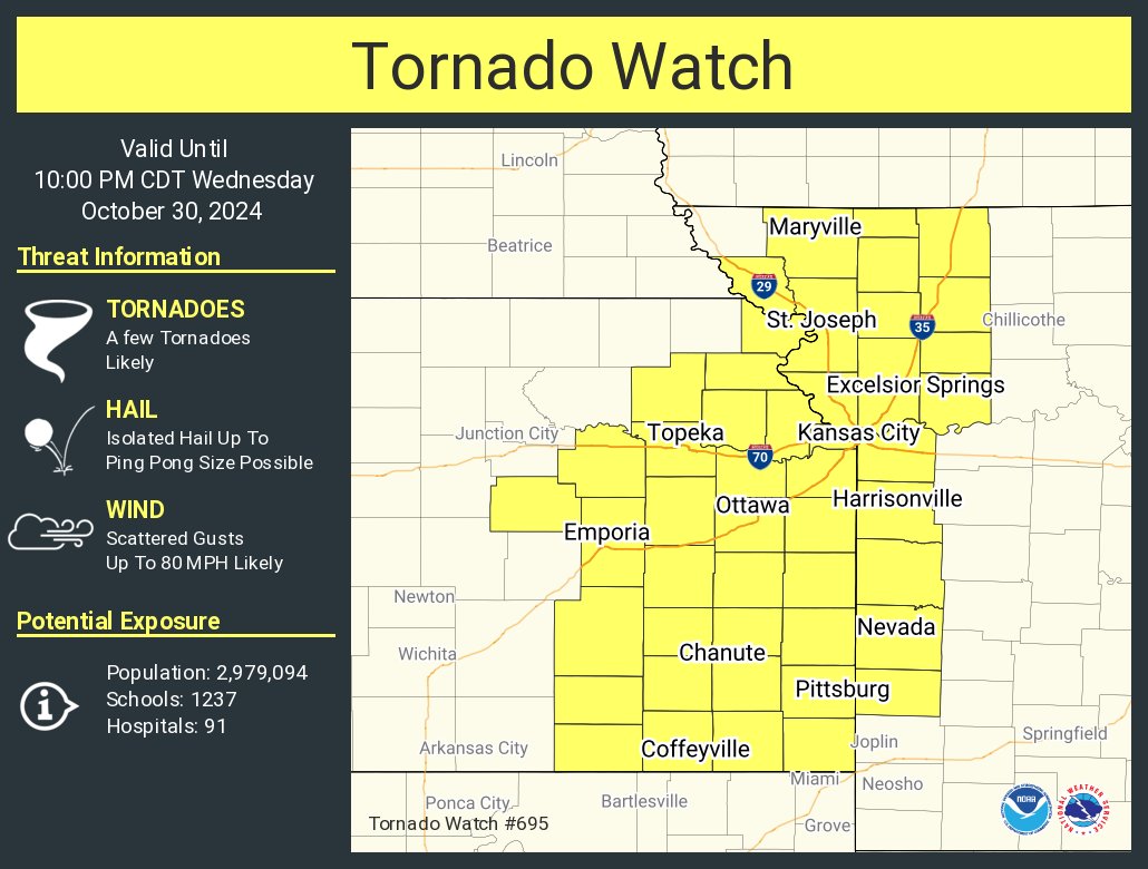 NWSKansasCity's tweet photo. A tornado watch has been issued for parts of Kansas and Missouri until 10 PM CDT https://t.co/TLPKRiEuAY