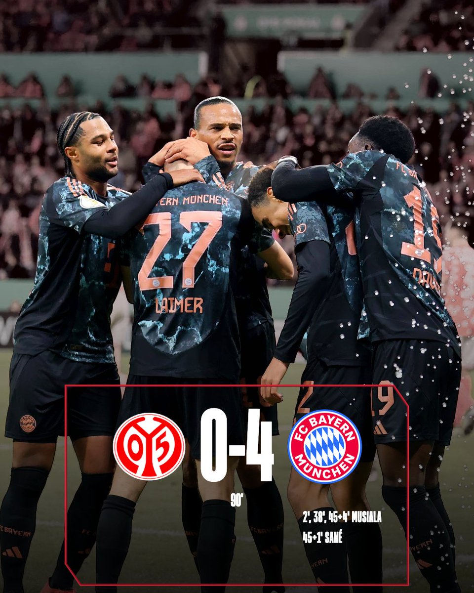 Auswärtssieg! ❤️🤍

Wir ziehen ins #DFBPokal-Achtelfinale ein! 💪

♦ 90' | #M05FCB | 0-4 🏆