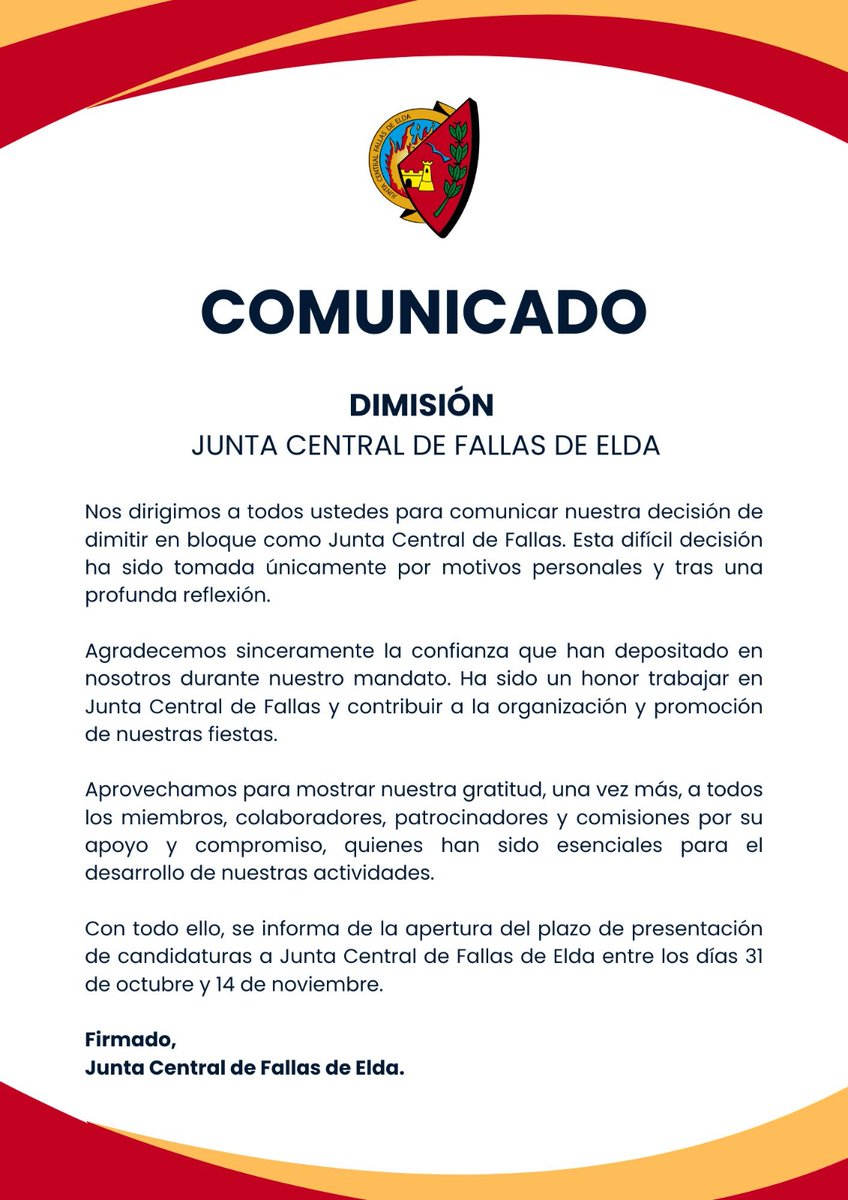COMUNICADO OFICIAL
• Del 31 /10 al 14/11: plazo de presentación de candidaturas.
• 15 de noviembre: notificación de las candidaturas presentadas.
• Del 15 al 20 de noviembre: plazo de alegaciones sobre las candidaturas presentadas.
26/11 asamblea general extraordinaria