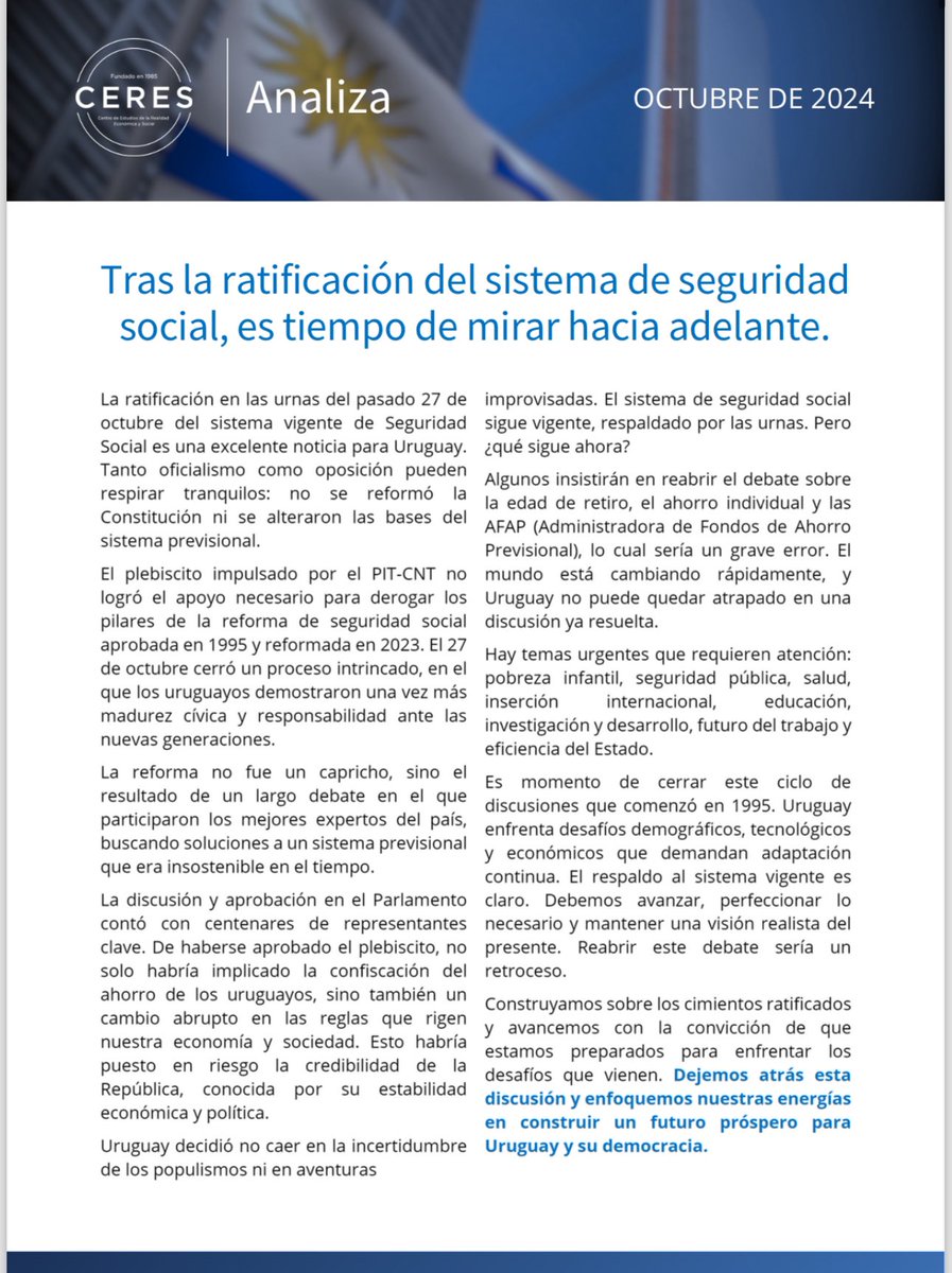 IgnacioMunyo's tweet photo. Tras la ratificación del sistema de seguridad social en las urnas, es hora de dar vuelta la página y mirar para adelante, sin descuidar los ajustes permanentes que naturalmente exige el asunto. Comparto resumen del nuevo CERES ANALIZA.

📍Informe completo: https://t.co/3U6r78ic9s https://t.co/4WEVq341eS