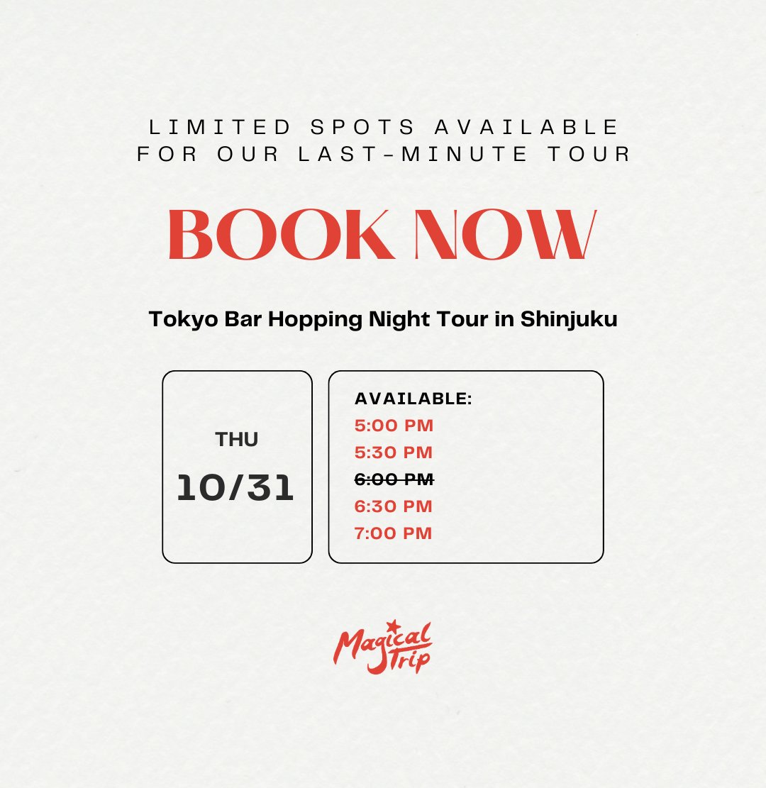 magicaltripcom's tweet photo. 🎃Happy Halloween! No plans tonight? Join our Tokyo Bar Hopping Tour and celebrate with our local guide and fellow travelers! 🥂👻 Let’s make it a spooky night to remember!

BOOK NOW:https://t.co/PRUTL3me1k
 　　
#Shinjukunight #tokyohalloween #halloweenparty #Shinjukubarhop https://t.co/erirMKSHHi