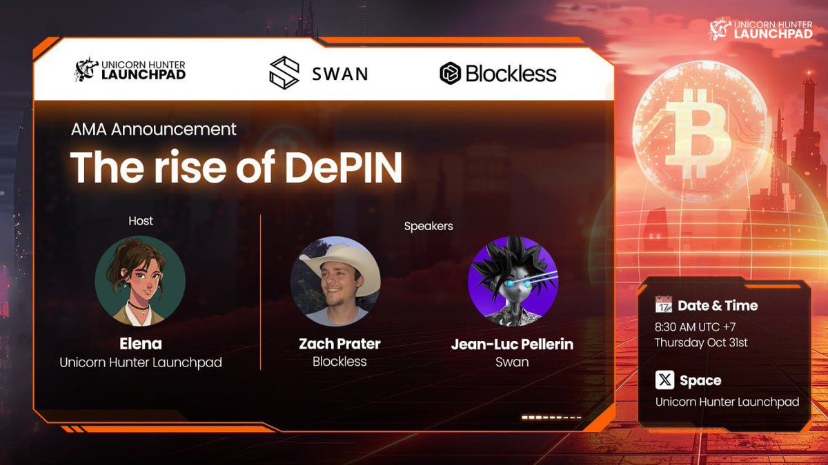 🎙 Ready for DePIN Vibes? AMA Alert!   DePIN is here to shake up Web3, and we’re diving in with <a href="/theblockless/">Blockless</a> 
and <a href="/swan_chain/">Swan Chain (formerly FilSwan)</a>  to break it all down! This is the AMA you don’t wanna miss.   

🔥Topic: The rise of DePIN 
🗓Time: 8:30 AM UTC+7, Thurs, Oct 31st
🗓Venue: Unicorn