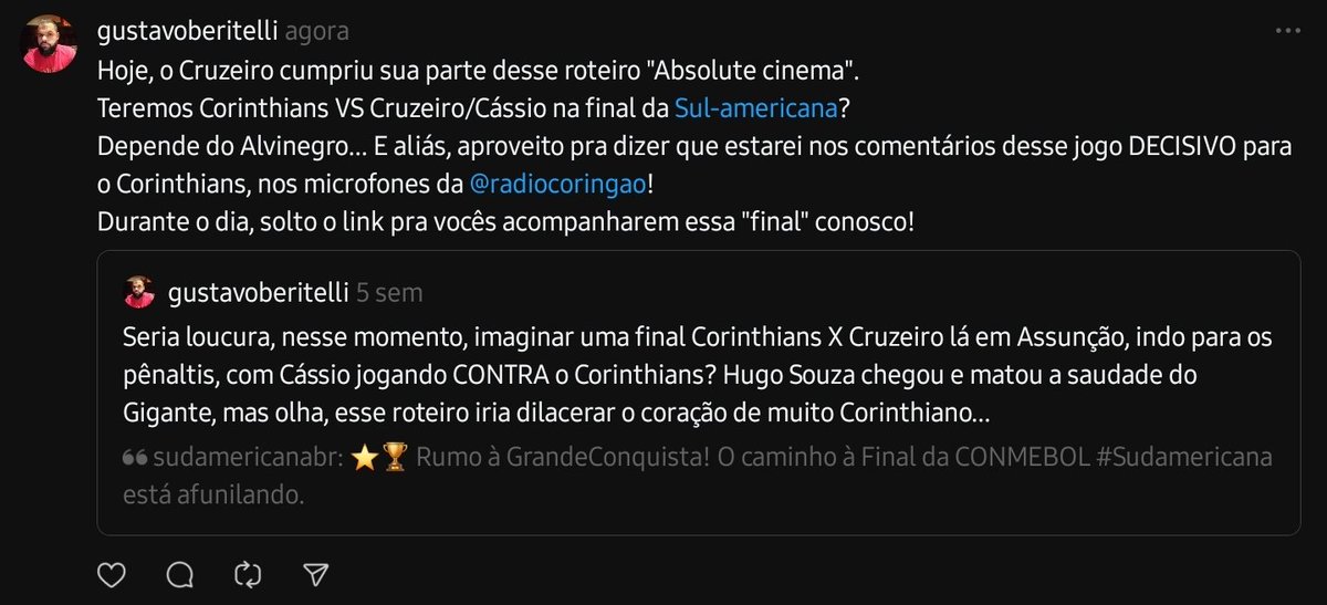 guberitelli's tweet photo. Postagem lá do threads, enquanto o X era poeira no BR...
E aí, o #Corinthians passa do Racing?
Logo menos, transmissão AO VIVO com a equipe da @radiocoringao, com direito a correspondente local em Avellaneda! https://t.co/5dE0PT95oY