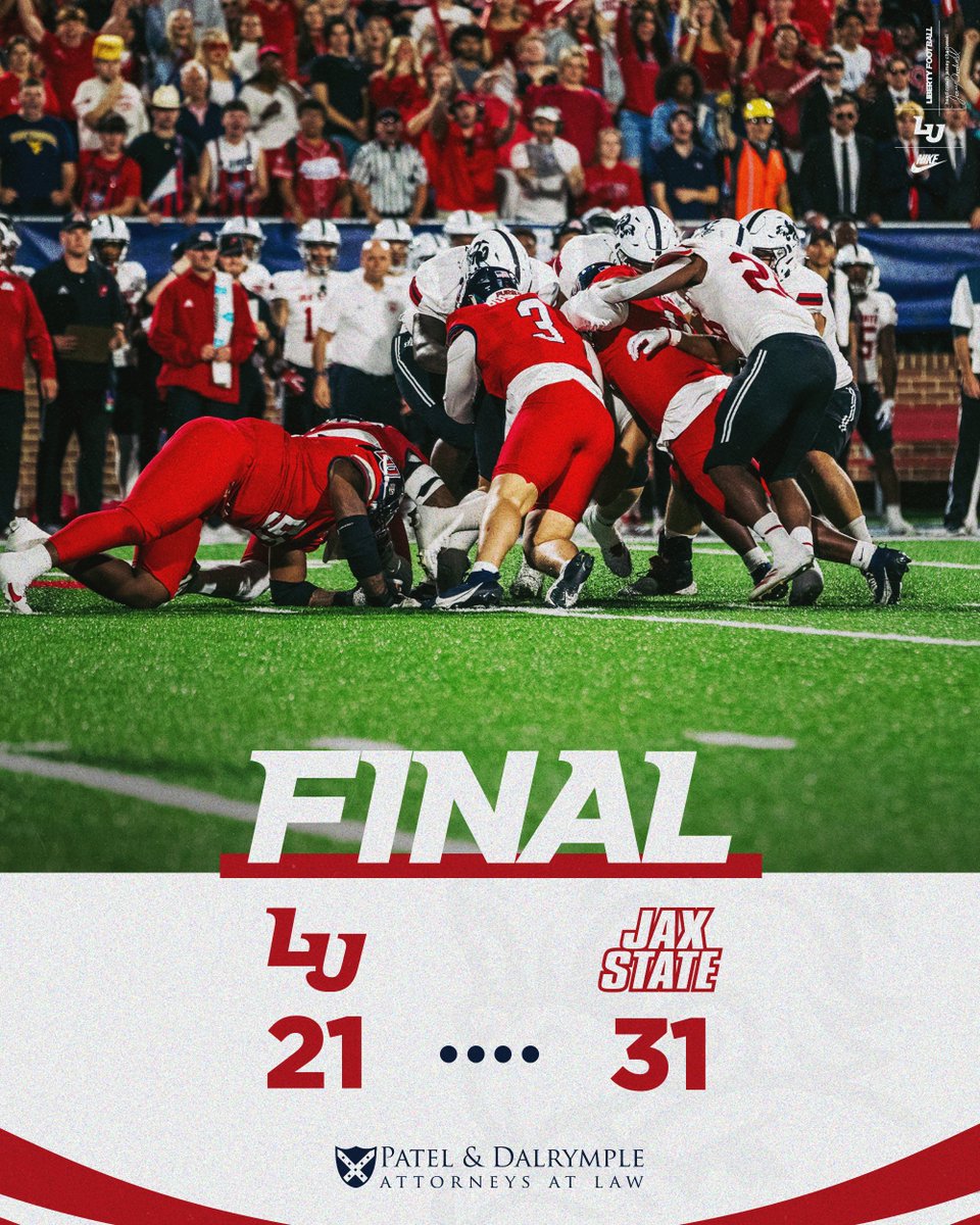 LibertyFootball's tweet photo. Final from Williams Stadium

Final score presented by Patel &amp; Dalrymple: https://t.co/GGfyBL6U5w https://t.co/bgiWQNa3pv