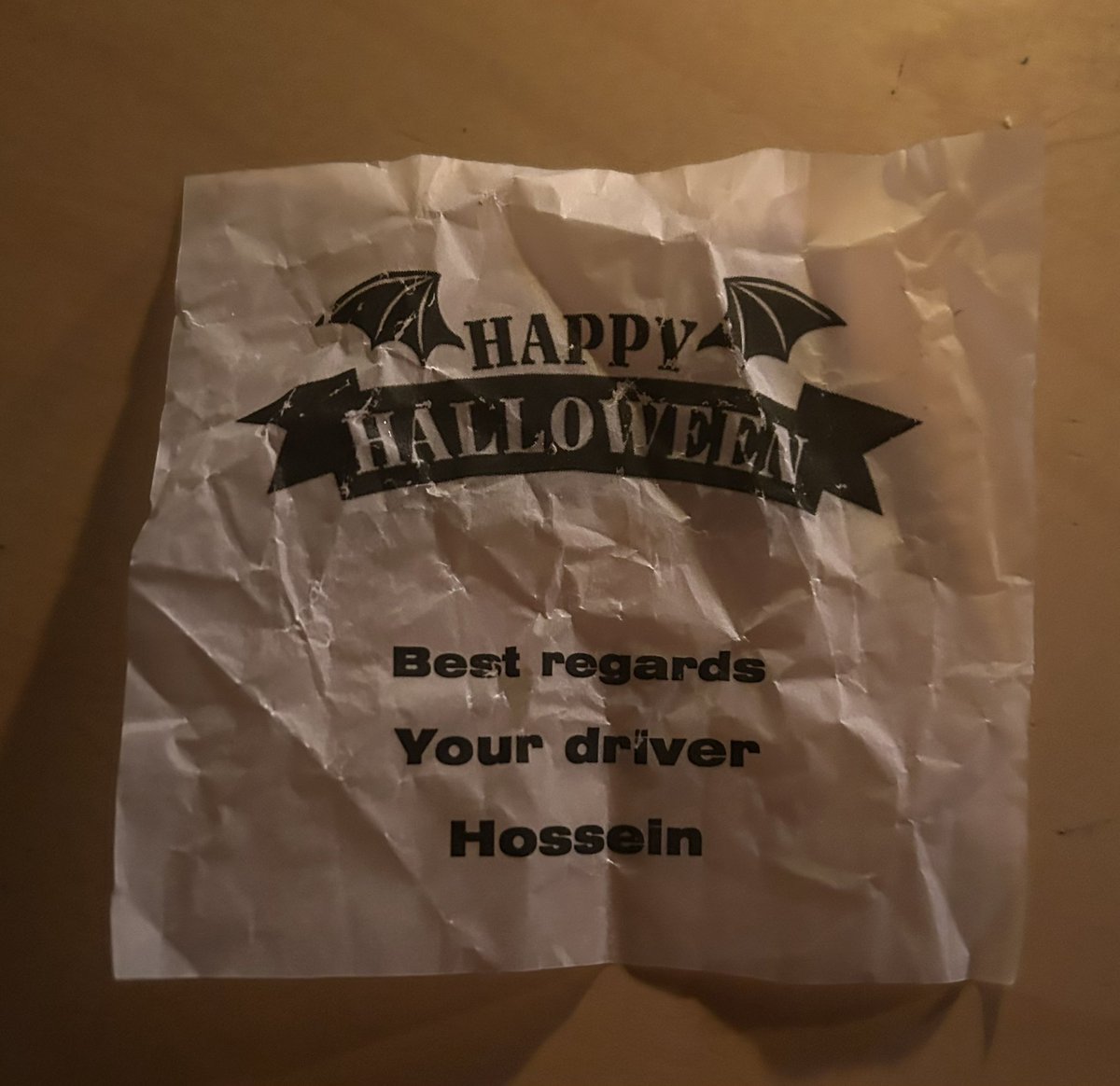 MsKisosO's tweet photo. Thank you Hossein! Just found this note crumpled in my hoodie &amp; thinking it was some sort of receipt. Happy Halloween to you! 💀👻🎃
#vancouver #yvr #blacktop #uber https://t.co/XoFKnkb9wl