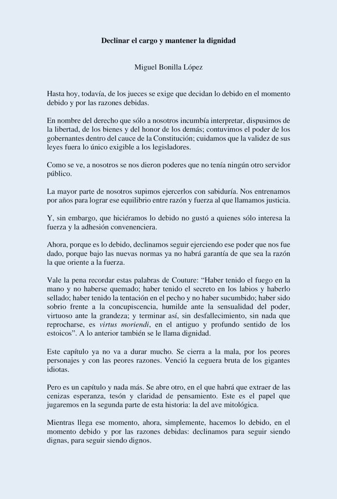 DiegoGasca__'s tweet photo. La renuncia del Magistrado Bonilla López parece poema. Me hubiese gustado trabajar en su equipo https://t.co/9U7zGsfUut