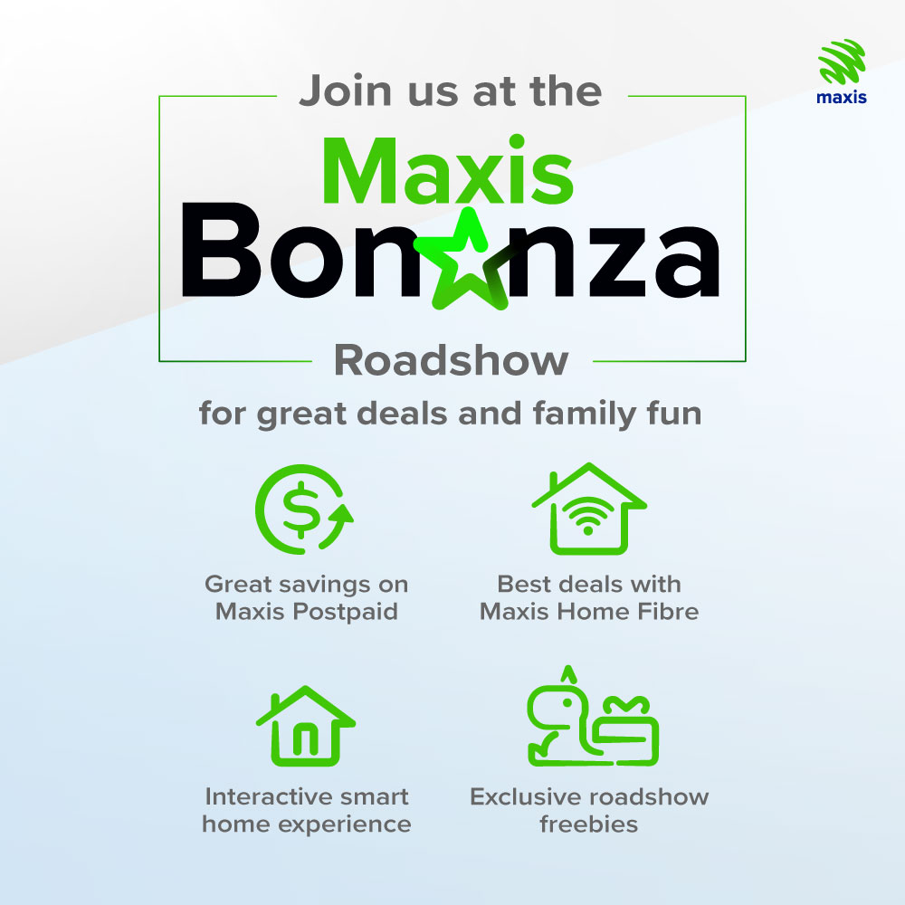 Maxis's tweet photo. A fantastic weekend at the Maxis Bonanza is happening at
@trxmycity Raintree Plaza 1, Ground Floor! π Big prizes, snag amazing deals, and enjoy family fun from 31 Oct - 3 Nov 2024. Check out! #MaxisBonanza π«β¨ For more information: https://t.co/cMXzs8BkVr #Maxis5G https://t.co/PpAf9XgCjD