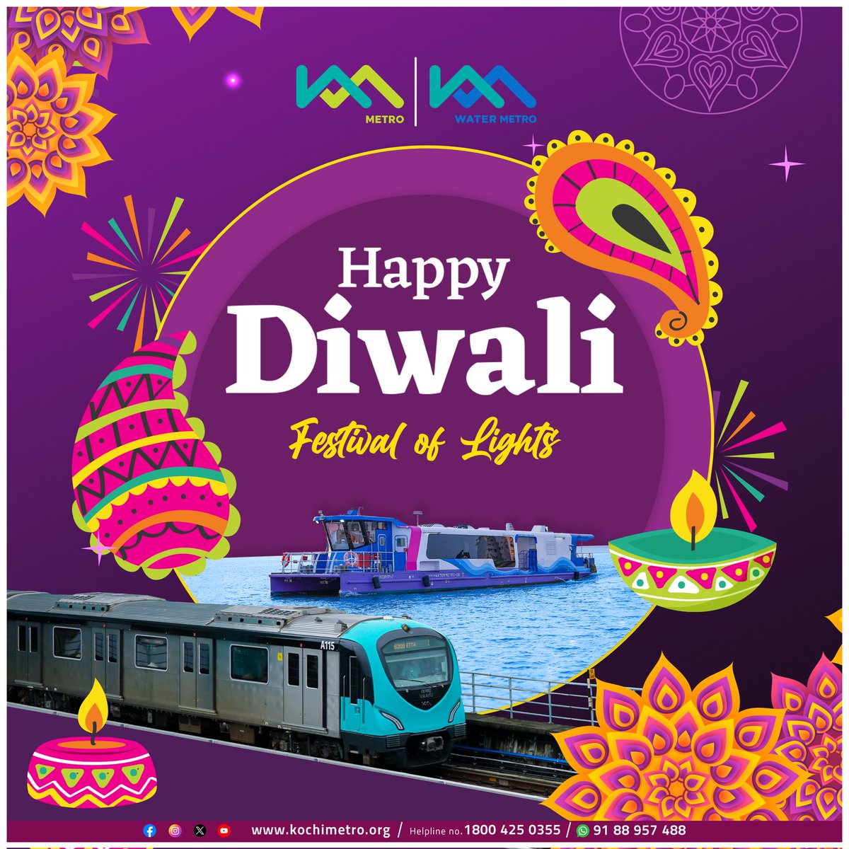 MetroRailKochi's tweet image. Happy Diwali from Kochi Metro Rail Limited! 
May the spirit of this festival bring you peace, joy, and prosperity. 
Let us celebrate the triumph of light over darkness together. 🌟🕯️
 #Diwali2023 #KochiMetro #CelebrateTogether #kochimetro 
#kochi
#metro
#kochiwatermetrolimited