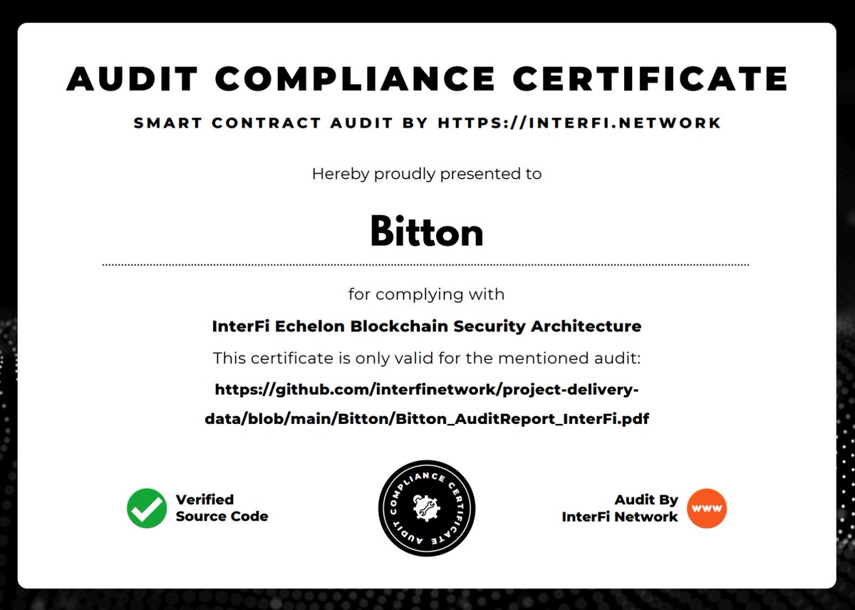 BITTON has successfully passed its security audit conducted by <a href="/InterFiNetwork/">InterFi Audits 🛡</a>! 🎉 This certification underscores our commitment to transparency, security, and reliability in the DeFi space.

With InterFi’s thorough audit, BITTON holders can be assured of a secure and trusted