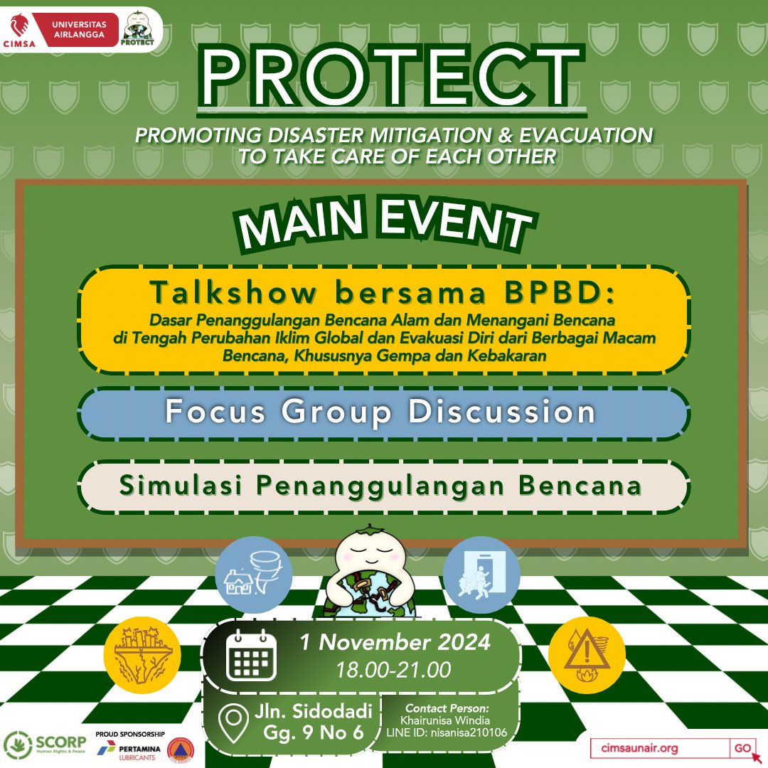 cimsaunair's tweet photo. [PROTECT: Promoting Disaster Mitigation &amp; Evacuation to Take Care of Each Other] 🏡📛

Greetings, CIMSA!

Bayangkan ada sebuah komunitas dimana orang-orang di dalamnya siap menghadapi kejadian darurat yang tidak diduga-duga, sangat mengagumkan, bukan? 💪🏻 https://t.co/98NFtC56Rh