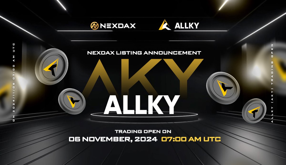 nexdax_exchange's tweet photo. ๐ฅ NexDAX is excited to announce the trading opening of ALLKY ( $AKY) @allky_io
๐AKY will list USDT/BNB markets at 07:00 AM UTC, 2024/11/06
๐Full announcement: https://t.co/IWP4d5Z9eA
#NexDAX #ALLKY #AKY #CryptoNews #NewListing https://t.co/v6MeE8T1x1