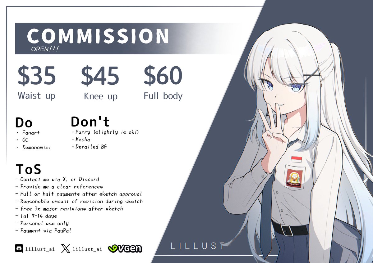 Hello!, I'm now open for art request &amp; commissions

Feel free to DM me on Twitter or Discord if you are interested, or if you have some questions, Thankyou!!
Discord: lillust_ai
VGen: vgen.co/Lillust_ai

Repost are really appreciated ✨

#VGenComm #VGenOpen #commissionart