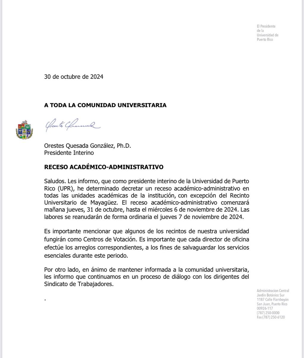 🚨IMPORTANTE🚨

El presidente de la Universidad de Puerto Rico, Dr. Luis A. Ferrao, y su equipo gerencial continúan en diálogo con los dirigentes del del Sindicato de Trabajadores en vías de evitar una posible huelga en todo el sistema universitario de la UPR. 

Además, se