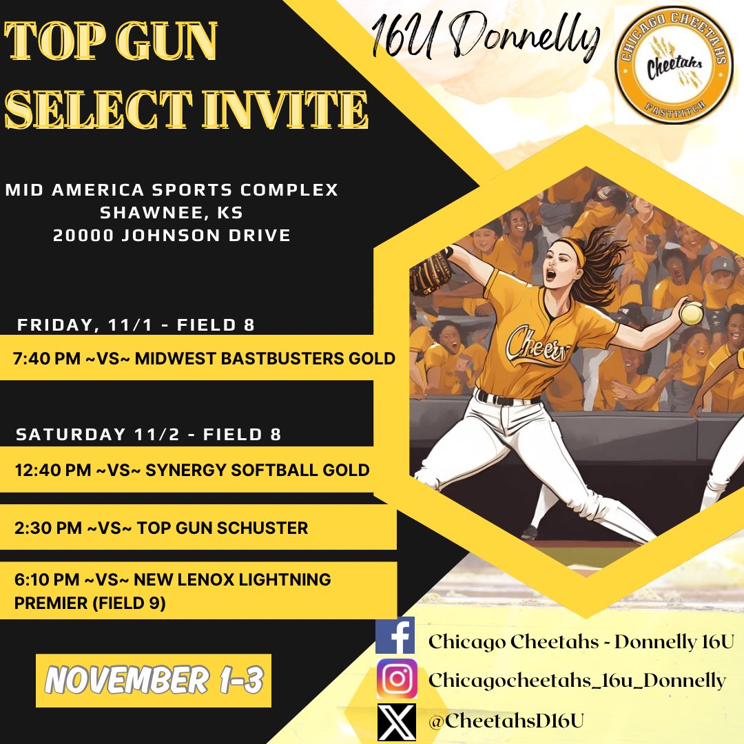 ChicagoCheetahsDonnelly (@cheetahsd16u) on Twitter photo Top Gun Select this weekend!
Go Cheetahs!!! <a href="/ChicagoCheetahs/">Chicago Cheetahs</a> <a href="/SBRRetweets/">Softball Recruiting Reposts</a> <a href="/CoastRecruits/">Coast 2 Coast Recruits</a> <a href="/TopGunEvents/">Top Gun Events</a> <a href="/D1Softball/">D1Softball</a> Top Gun Select this weekend!
Go Cheetahs!!! <a href="/ChicagoCheetahs/">Chicago Cheetahs</a> <a href="/SBRRetweets/">Softball Recruiting Reposts</a> <a href="/CoastRecruits/">Coast 2 Coast Recruits</a> <a href="/TopGunEvents/">Top Gun Events</a> <a href="/D1Softball/">D1Softball</a>