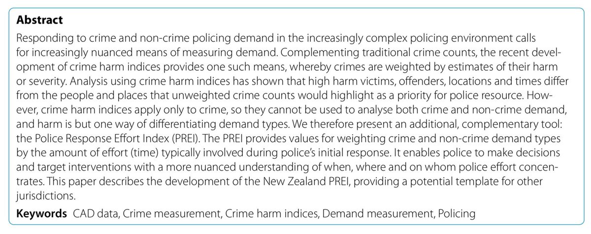 ICYMI, our new paper from <a href="/EBPC_NZ/">Evidence-Based Policing Centre</a> <a href="/nzpolice/">New Zealand Police</a> @nziscs introduces a new tool (the Police Response Effort Index) to complement counts and Crime Harm Indices in #crimeanalysis &amp; #evidencebasedpolicing, using the typical time for police's initial response: rdcu.be/dX14G
