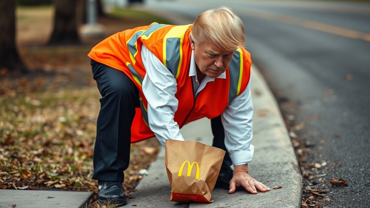 Trump dons a safety vest as a signal to the judge that he’d prefer a sentence of community service over going to prison.