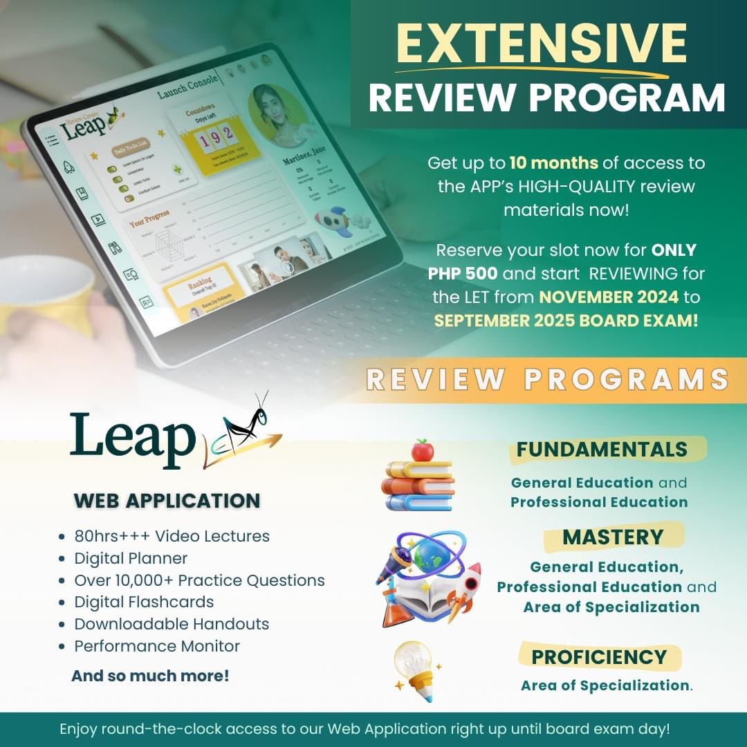 LeapReview's tweet photo. Gusto mo ba ng review na hanggang maka-gradute ka? Mag enroll na sa LEAP Extensive program!
#lptsoon #futureteacher #LET2025 #letreview #letreviewer https://t.co/E1DD8zZONv