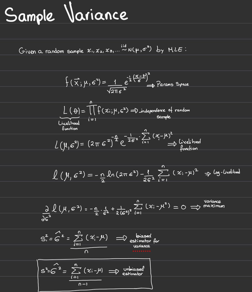 ✨SAMPLE VARIANCE FORMULA✨

Hello everyone. Today, I was feeling like sharing some math-based proof on the formula for sample variance!

Like, why is it that it is divided by n-1???

Well, long story short, it can be proven by Maximum Likelihood Estimation that if we divide by