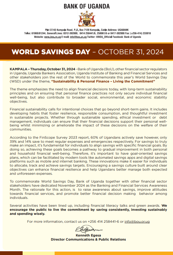 PRESS RELEASE: WORLD SAVINGS DAY - OCTOBER 31, 2024

Click link for more: ow.ly/N5UM50TWqye