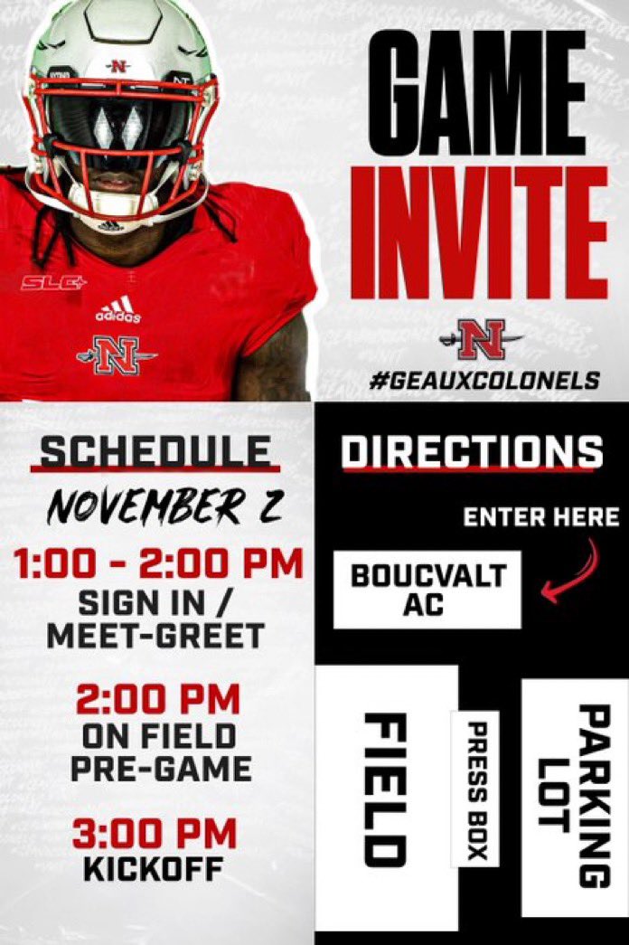 Thank you <a href="/Nicholls_FB/">Nicholls Football 🏈</a> for a gameday invite! I will be attending the Nicholls football game Saturday. <a href="/CoachRobSnyder/">Rob Snyder</a> <a href="/CJ_OTB2/">Coach CJ</a> <a href="/CoachManale/">Ryan Manale</a> <a href="/JHSNolaFootball/">JesuitNOLA Football</a>