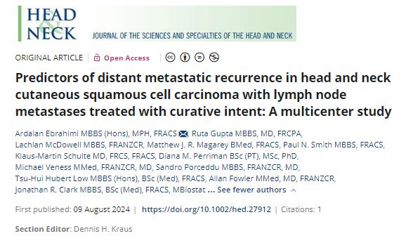 NEW PUBLICATION in Head &amp; Neck journal: “Predictors of distant metastatic recurrence in head and neck cutaneous squamous cell carcinoma with lymph node metastases treated with curative intent: A multicenter study”

Click here to read article in full: buff.ly/48sXZo4