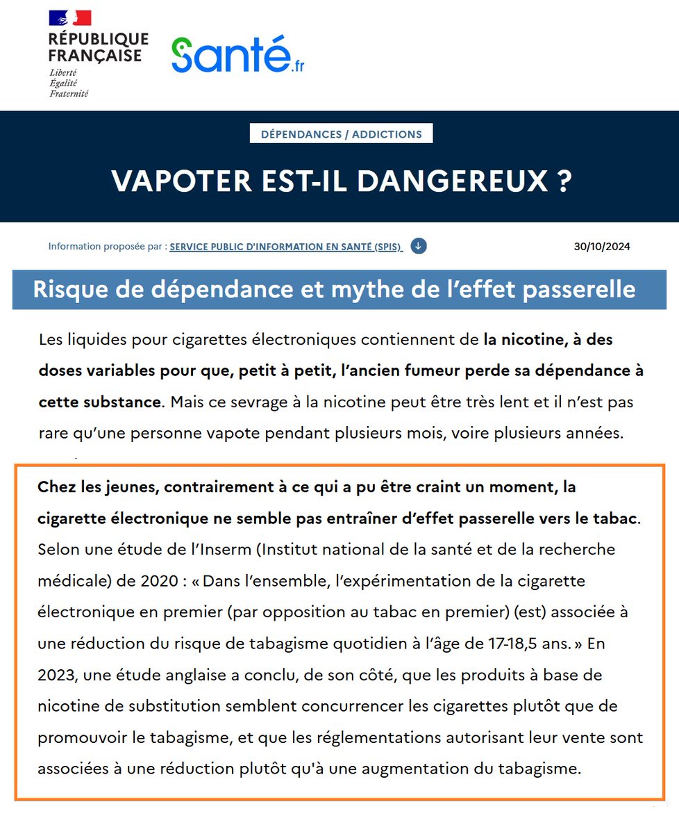 Sur "santé.fr", "Le Service Public d’information en santé"
Mais que disent-ils de la #vape, à la veille d'une nouvelle édition du #MoisSansTabac???

2/3 
Risque de dépendance et mythe de l’effet passerelle ? 
sante.fr/decryptage/nos…