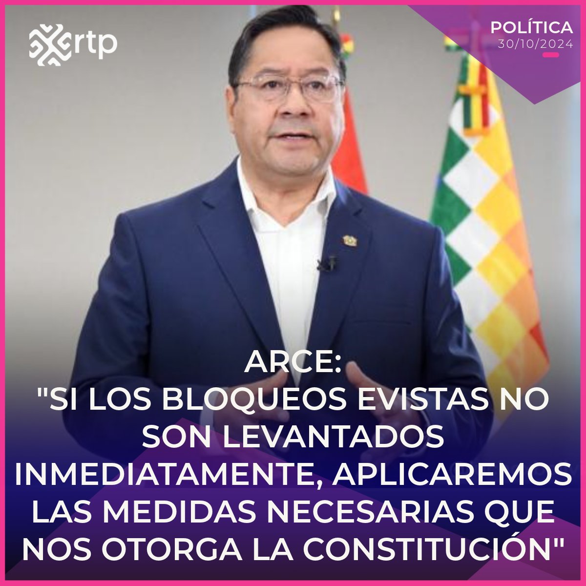 rtp_bolivia's tweet photo. #RTPInforma
🚨#Ultimo : En un mensaje a la nación emitido este miércoles, el presidente Luis Arce exigió a Evo Morales el "levantamiento inmediato" de los bloqueos de carreteras en el país, y advirtió que de no hacerse "el Gobierno hará valer la ley que le otorga la Constitución Política del Estado" para precautelar el bienestar social y económico de la población. "No puede ser que Bolivia esté sufriendo por el capricho de una sola persona", denunció.