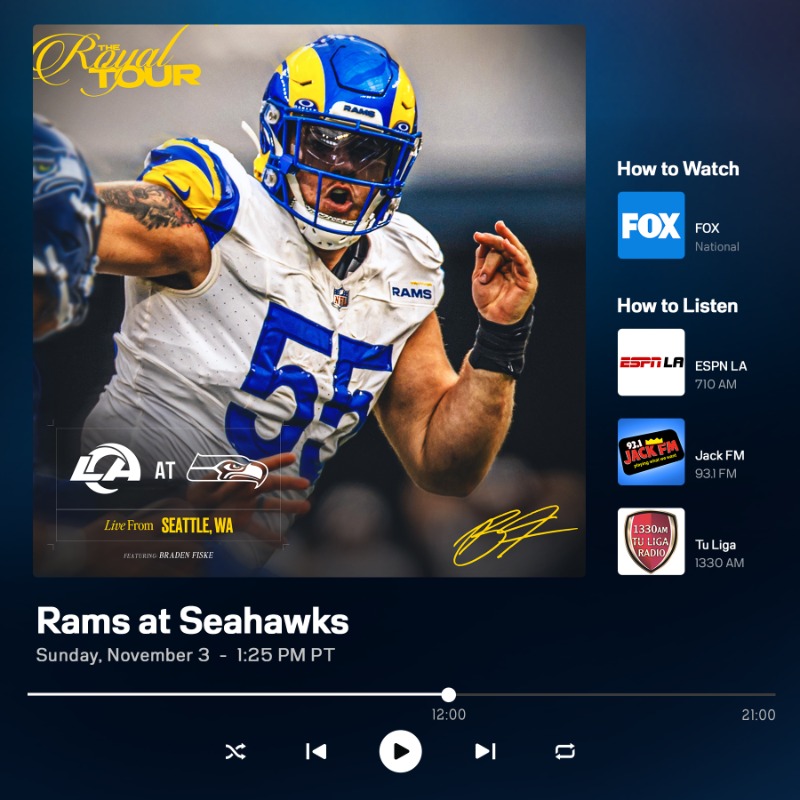 RamsNFL's tweet photo. 📍 Lumen Field
🗓 November 3
⏰ 1:25 PM PT
📺  @NFLonFOX
📲 https://t.co/4beUdm4vkg

More on how to watch our Week 9 matchup.