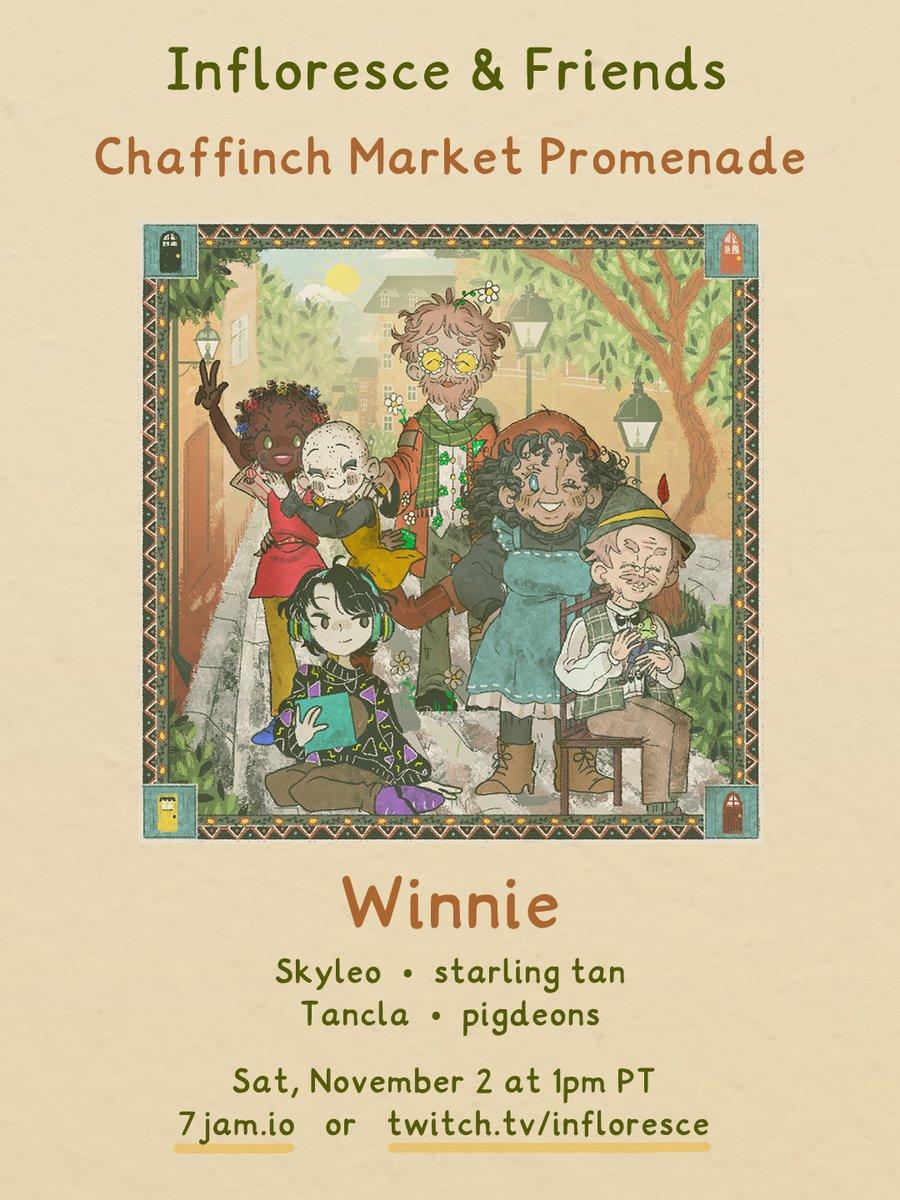— EVENT — 

🚪  Infloresce &amp; Friends  🚪
        Sat 11/2, 1pm Pacific

Come listen to <a href="/thuswinnie/">Winnie 🎶✨</a>'s new album on 7jam, ft. <a href="/Skyleomusic/">Skyleo</a>, <a href="/starlingoboe/">starling 🦆</a>, <a href="/Tancla_/">Tancla</a>, <a href="/pigdeons/">Ossia</a> 

(🎨: <a href="/jessilvaniaa/">jes@Hell Maiden❤️‍🔥</a>)

[ info below ]