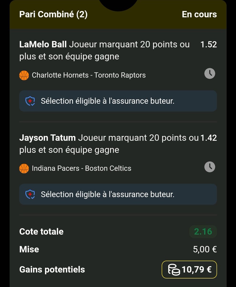 Mika_Pronos's tweet photo. BK Octobre to Noël : 34,50€
Bet 26

Combiné #NBA 🏀🇺🇸
🏟️ Hornets vs Raptors
⭐ LaMelo Ball 20 pts et Hornets win

🏟️ Pacers vs Celtics
⭐ Tatum 20 pts et Celtics win

↪️ Cote totale a 2.16
💰 Mise : 5€

Rt et ❤️ si tu suis

#TeamParieurs https://t.co/AnuQk1Woxu