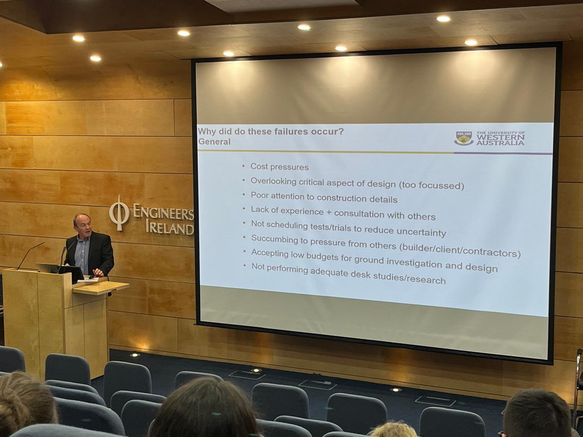 Compelling <a href="/EngineerIreland/">Engineers Ireland</a> 4th Hanrahan Lecture today in which my former PhD supervisor Prof. Barry Lehane of <a href="/UWAEMS/">UWA Eng & Math Sci</a> relayed his personal perspective on geotechnical failures.