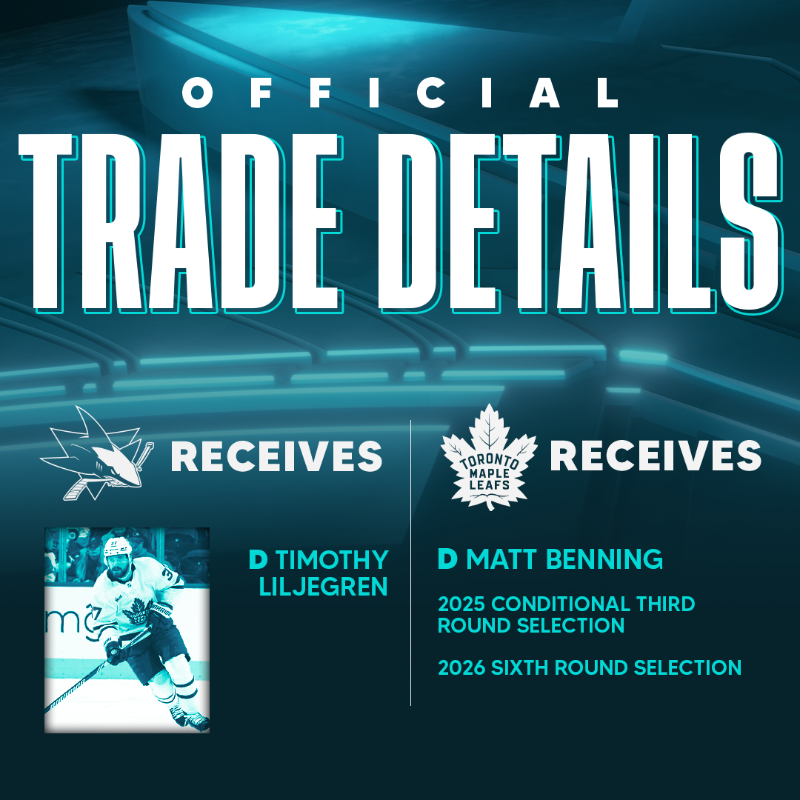 SanJoseSharks's tweet photo. 🔁 TRADE ALERT 

The #SJSharks have acquired Timothy Liljegren from the Maple Leafs.