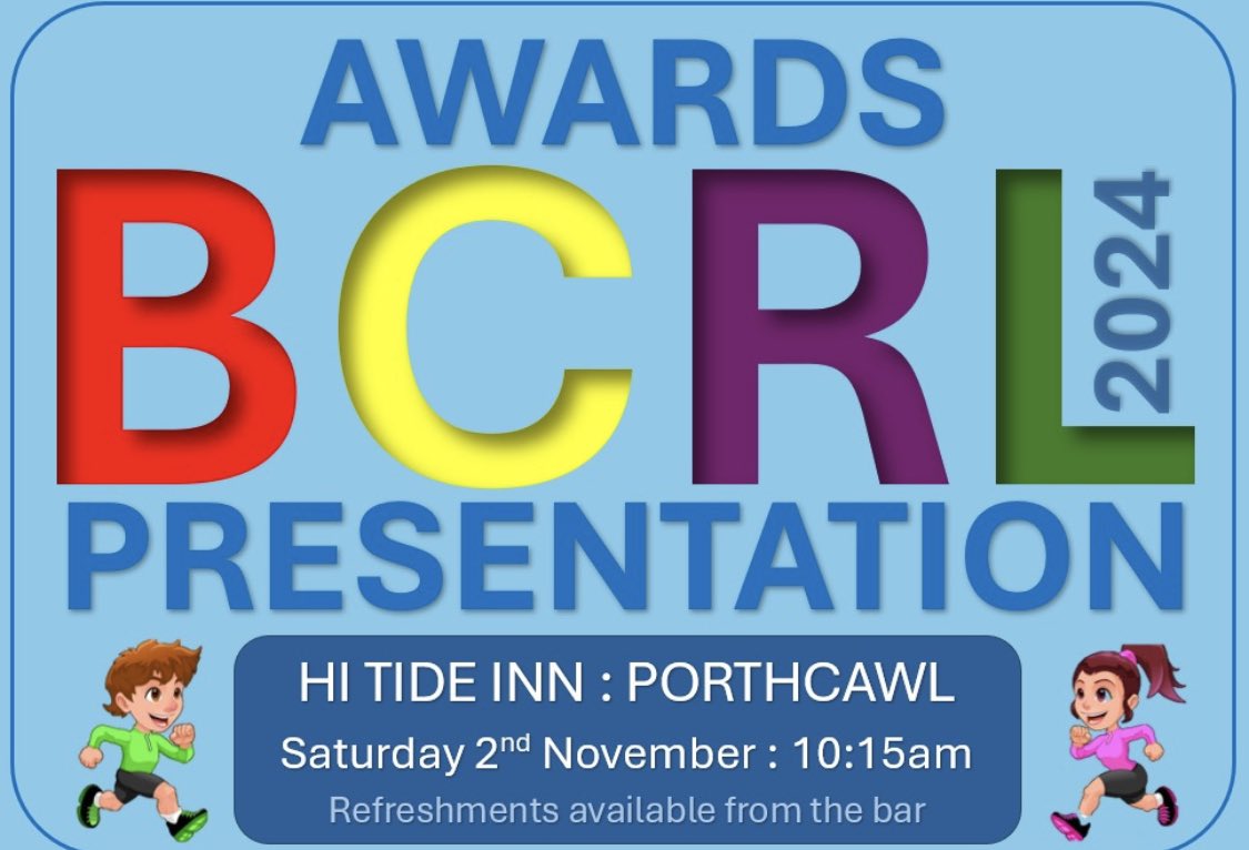 It’s our annual Bridgend County Running League awards this Saturday Nov 2nd.

Join us post <a href="/porthcawparkrun/">porthcawl parkrun</a> in the <a href="/TheHiTide/">Hi Tide</a> for a 10.15am start with overall and age group prizes 🥇🥈🥉

Hope to see you there to celebrate another great year of #BCRL2024