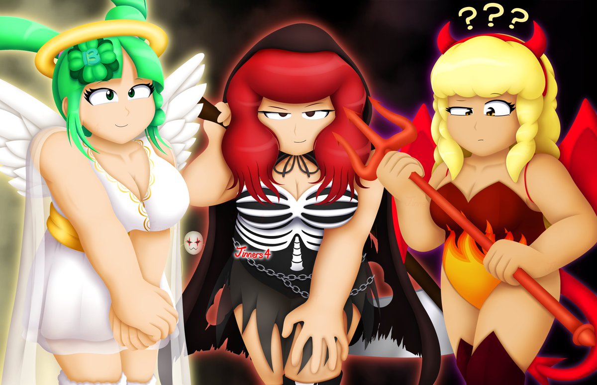 Jinners4's tweet photo. 🎃 My NEW OC Halloween art 2024! Happy Halloween! 🎃 🪽💀😈

Thirteen, Scarlett and Helen dress as an Angel, Reaper and Demon respectively! Helen seems confused over the ironic choice of her costume theme though.

#halloween2024 #originalcharacters https://t.co/kqxc7lHMin