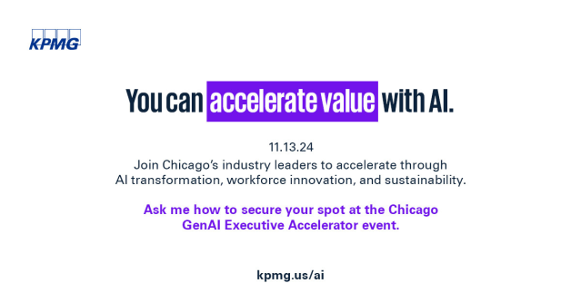 HarveyLevin4's tweet image. Calling all industry leaders! Registration is now open for the KPMG GenAI Executive Accelerator in Chicago! Join us and explore responsible development, successful implementation, and effective use of AI. #AI #GenAI #ExecutiveAccelerator #KPMGchicago bit.ly/40lJlNh